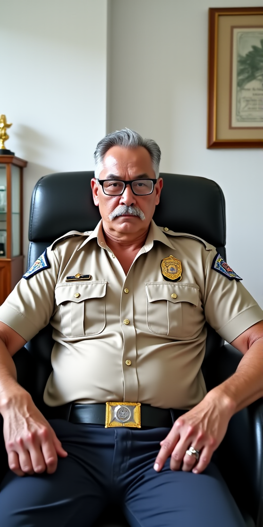 The image is a photograph of an older man with a muscular build, taken indoors. He is very handsome with a prominent mustache and glasses. The man has a stern expression on his face, with slightly furrowed eyebrows, a very handsome malay grandfather, who is lusty and a gangbang anal-whore. He is wearing only a tiny thin low-rise g-string which reveals his muscular arms, shoulders extremely beefy pectorals, stocky muscular gut and hairy torso and hairy pubic hair. This photograph features a man seated in a modern, black leather armchair with a cushioned seat. He is dressed in unbuttoned beige police uniform, which includes a short-sleeved shirt with several pockets and a distinctive emblem on the left shoulder. The uniform also has a badge and various insignia on the chest. The man has short, greying old man grandfather dark hair and is seated comfortably with his hands tied behind, with his arms tied behind.

The background of the image shows a clean, well-lit room with white walls and polished, light-colored flooring. To the left, there is a glass display case or cabinet containing trophies or awards on a wooden shelf. The room also features a framed picture on the wall above the man, which appears to be a certificate or a piece of artwork, though it's not fully visible. The overall setting suggests a professional or official environment, possibly an office or a police station. The lighting in the room is bright, indicating it's daytime, and the overall atmosphere is clean and organized. The man's attire and the setting imply he is a police officer, possibly in a supervisory or administrative role. but emphasize on his G-string which is very tiny very tight, very low-rise and he have very thick hairy pubic hair, and showing off his muscular gut and beefy strong pectorals hairy malay body.

<lora:FLUX1/Self Trained/malay 001.safetensors:1.0>, <lora:FLUX1/Self Trained/malay male 002.safetensors:1.0>, <lora:FLUX1/Self Trained/malay male 003.safetensors:1.0>, 
<lora:FLUX1/G-String-Flux_r1-000017.safetensors:2.1>, <lora:FLUX1/Hands_tied_behind_back_FLUX-000008.safetensors:1.0>, 