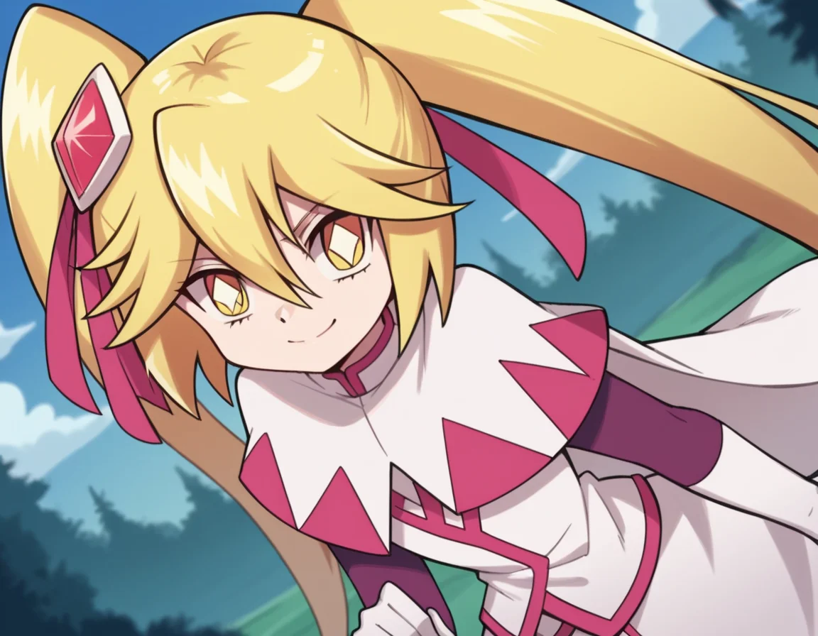 score_9, score_8_up, score_7_up, source_anime,
queendiamond, <lora:queen-diamond-s1-ponyxl-lora-nochekaiser:1>,
queen diamond, long hair, blonde hair, twintails, yellow eyes, diamond eyes, hair ornament, hair ribbon, ribbon, hair between eyes,
dress, capelet, white capelet, gloves, white gloves,
outdoors, bent over, smile,
looking at viewer, upper body, solo, dutch angle,