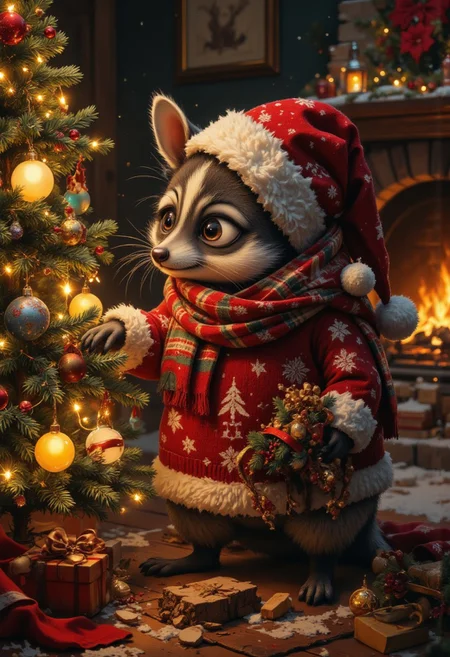 A cute racoon decorating christmas tree, fire place, cosy, wearing a cosy sweater, funny sleep hat, winter christmas atmosphere