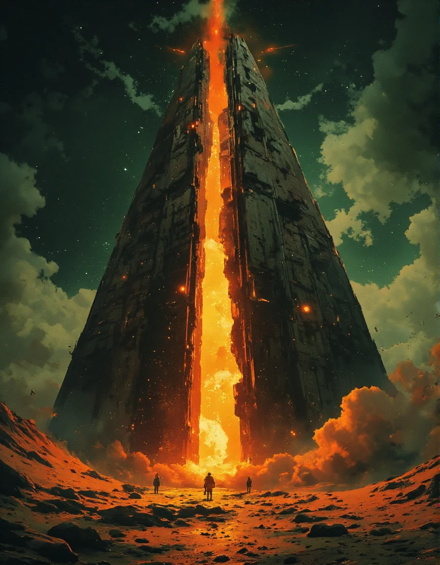 A sci-fi illustration of an Egyptian pyramid, its ancient stone structure glowing with molten energy that flows through intricate cracks along its surface. The pyramid stands tall in a surreal, otherworldly landscape, where the horizon stretches into infinity, blending into a cosmic abyss filled with distant stars and nebulae. The depth of the scene draws the viewer in, with swirling clouds of vapor rising from the molten core of the pyramid, casting an eerie glow across the surrounding area. Every surface of the pyramid is hyper-detailed, with intricate carvings and alien hieroglyphs etched into the molten stone, as if blending ancient Egyptian culture with futuristic technology. The sense of infinity and cosmic scale adds to the grand, awe-inspiring atmosphere.<lora:Sci-fi_env_flux:0.8> <lora:Luminous_Shadowscape:0.7> <lora:ILLUSTRATION_2_FLUX:0.6>