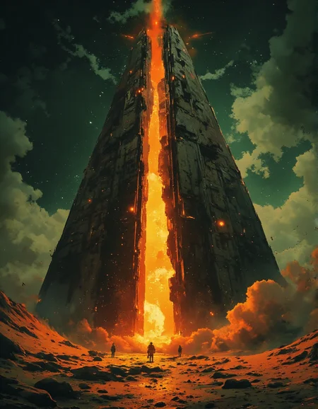 A sci-fi illustration of an Egyptian pyramid, its ancient stone structure glowing with molten energy that flows through intricate cracks along its surface. The pyramid stands tall in a surreal, otherworldly landscape, where the horizon stretches into infinity, blending into a cosmic abyss filled with distant stars and nebulae. The depth of the scene draws the viewer in, with swirling clouds of vapor rising from the molten core of the pyramid, casting an eerie glow across the surrounding area. Every surface of the pyramid is hyper-detailed, with intricate carvings and alien hieroglyphs etched into the molten stone, as if blending ancient Egyptian culture with futuristic technology. The sense of infinity and cosmic scale adds to the grand, awe-inspiring atmosphere.<lora:Sci-fi_env_flux:0.8> <lora:Luminous_Shadowscape:0.7>  <lora:ILLUSTRATION_2_FLUX:0.6>
