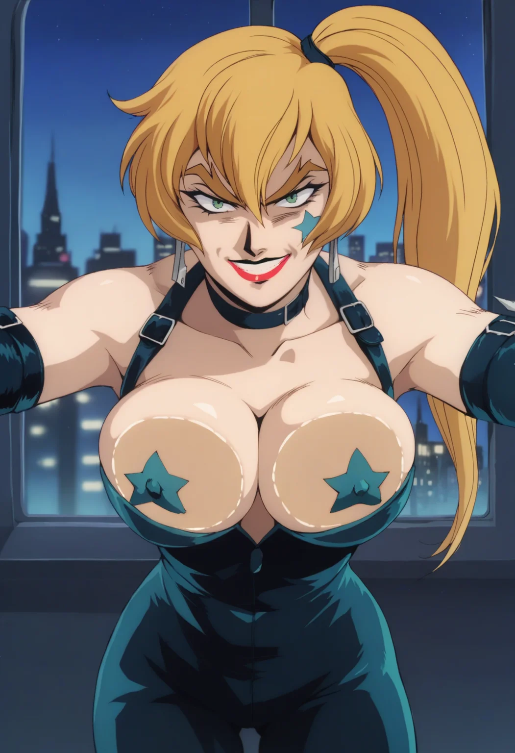 score_9, score_8_up, score_7_up, score_6_up, <lora:SCHDeathStar_epoch_5:0.8>, SCHDeathStar, blonde hair, long hair, thick eyebrows, side ponytail, hair between eyes, green eyes, facial mark, earrings, lipstick, large breasts,
choker, bodysuit, elbow gloves, cleavage, star pasties, covered nipples,
standing, looking at viewer, evil smile, breast press, breasts on glass, arms up, breast focus, close-up, 
BREAK night sky, dark background, cityscape, city lights, indoors, window,
