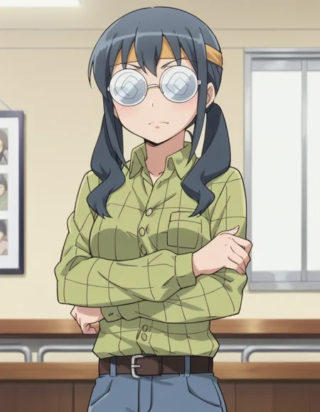 score_9, score_8_up, score_7_up, score_6_up, score_5_up, score_4_up, source_anime, anime screencap, BREAK 1girl, solo, indoors, upper body, crossed arms, 
 <lora:Makishima_Saori_Pony:1> makishima_saori, black hair, grey hair, saori_bageena, twintails, coke-bottle glasses, opaque glasses, headband, green shirt, denim jeans, belt,