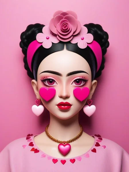 <lora:08SurealismArt_Hap_XL:1>, frida kahlo style, hearts, pink theme, looking at viewer,