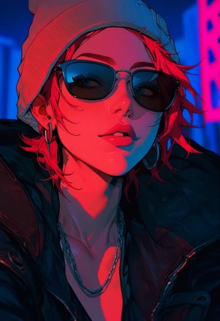 score_9, score_8_up, score_7_up, alternative girl, watching over black sunglasses, jacket, necklace, neon light reflections on skin, ear ring, makeup, skin imperfection, cute hair, beanie, neon lights background, low light, depth of field, highly detailed, high contrast, film grain, Rim Lighting, Long Exposure, DSLR