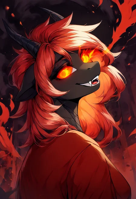 score_9, score_8_up, score_7_up, (4k quality, high resolution, additional details), <lora:Dark_Aura_for_Pony:1> dark aura, 1 girl, female dragon (hairless), anthropomorphic dragon, half-open black webbed wings on the back (golden inside), wizard, armor covering the entire body, pattern on the armor, red robe with a golden pattern, female, black scales, predatory fiery red eyes (detail), four black horns on the head, (medium breast, natural breast), (head tilt), head tilted back, <lora:shaft_head_tilt-PD-1.0:1>, shaft head tilt, open mouth, abstract background, glowing eyes, fangs, grin, tongue out, snake tongue, gloomy colors, dark aura, horror, <lora:_sdxl-burningeye-pony:0.9> burningeye, flaming eye,