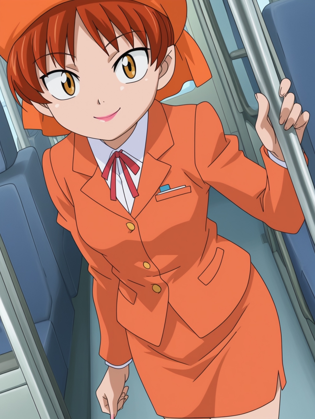 masterpiece, best quality, amazing quality, detailed background, perfect eyes, anime coloring, anime screenshot, 2000s \(style\), 1girl, solo, nekomusume (gegege no kitaro 5), red hair, short hair, choppy bangs, yellow eyes, small breasts, lipstick, tour guide, orange hat, orange jacket, long sleeves, white collared shirt, red lace ribbon, orange pencil skirt, orange heels, smile, dutch angle, cowboy shot, (bus interior),