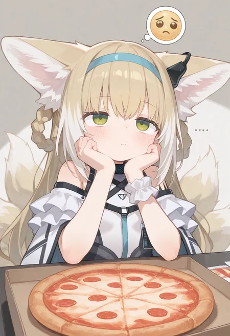 1girl, suzuran (arknights), pizza, ..., thinking, thinking emoji, hands on own chin, facing up,
(zankuro:0.2), wagashi \(dagashiya\), chen bin, very awa, very aesthetic, masterpiece, best quality, amazing quality, absurdres <lora:ponyv6_noobV1_2_adamW:0.5> <lora:n_XLNBVP1lokrV6311P:0.2> <lora:748cmXLNBVP1lokrV6311PZ:0.2> <lora:ricotte2:0.2>