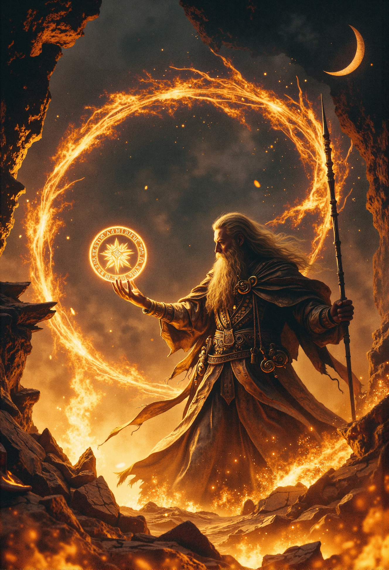 Depict a dynamic action scene of a powerful sorcerer in the midst of casting an ancient and formidable spell. The focus is on the intense energy radiating from the scene as vibrant, glowing magical lines swirl chaotically around the mage, creating an intricate pattern of luminous orange and gold. These fiery streams of energy twist and curl through the air, enveloping the sorcerer in a dazzling display of arcane power.  The sorcerer, a figure of wisdom and might, stands tall amidst a backdrop of jagged rock formations and a stormy, ash-filled sky. His flowing beard and long robes move with the force of the magic around him, adding to the sense of motion and drama. In one hand, he holds a staff with a crescent-shaped head, its surface etched with runes that glow faintly, resonating with the power of his spell. His other hand is extended towards a floating, radiant runic circle suspended in midair.  The runic circle is the centerpiece of his spellcastingâa luminous disk filled with glowing symbols and intricate patterns, pulsing with energy. The mageâs fingertips lightly graze its surface, sending ripples of light and sparks cascading through the air. Shards of broken rocks and debris hover in the background, suspended by the sheer force of the magical energy, amplifying the gravity of the moment.  The lighting is dramatic and vivid, with the fiery orange glow of the magic illuminating the mageâs determined expression, casting long shadows and creating a stark contrast against the dark and turbulent surroundings. The overall composition captures the raw, untamed power of magic in action, immersing the viewer in a scene of awe-inspiring intensity and energy. <lora:Dever_Flux_Enhancer.safetensors:0.5>,  <lora:Elden_Ring_-_Yoshitaka_Amano.safetensors:1.0>,  <lora:Movie_Portrait.safetensors:0.6>,  <lora:- Flux1 - soothing_atmo_V2.0.safetensors:0.3>,  <lora:lith_mimosa_kiel_grw134_FLUX.safetensors:0.5>,