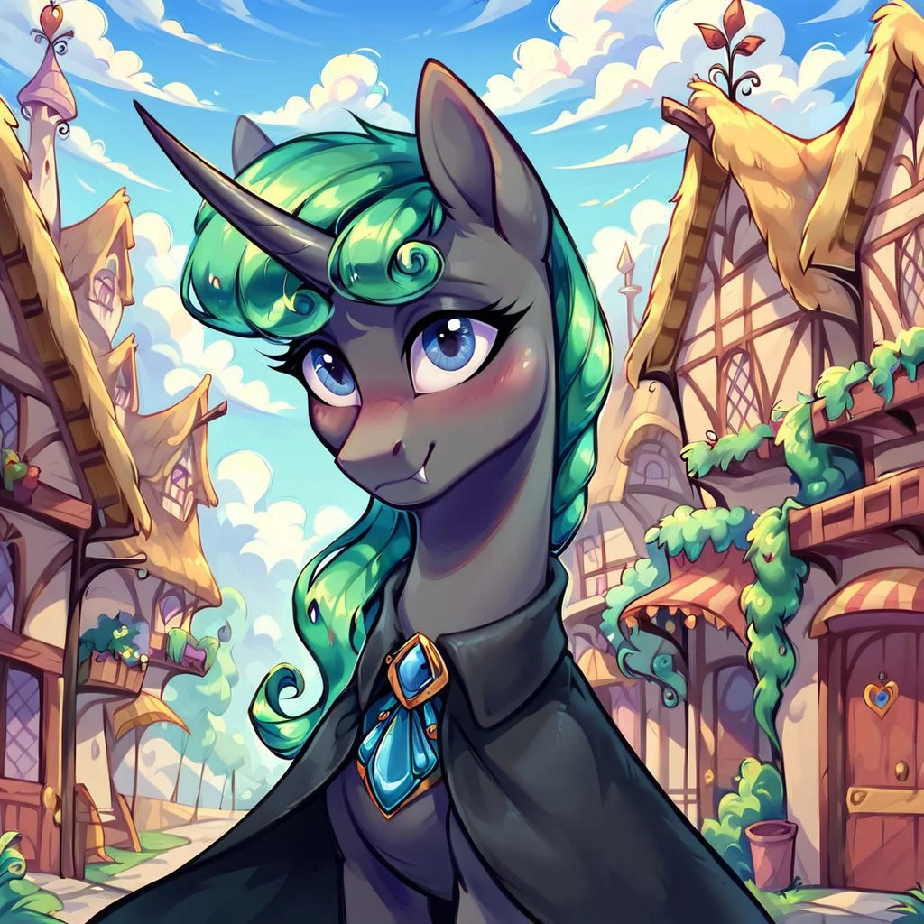 masterpiece, score_9, score_8_up, score_7_up, (best quality:1.1), ultra-detailed, high resolution, solo, Aurantia, changeling queen oc, mlp, feral, black skin, (long mint-green mane, tail), (((beautiful detailed dark blue eyes))), long eyelashes, single horn, ears, Insect wings, black coat, detailed clothing, fang, highly detailed macro illustration, smiling, blushing, mlp, outside, Highly Visible, (((8k))), sharp focus, perfect lighting, anatomically correct, extremely detailed, shine on body, (Pony town), high detail, cute face, Expressiveh, detailed background, OverallDetail, zPDXL2,