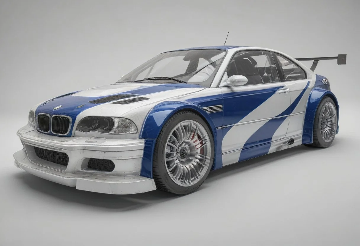 Digital art of a BMW M3 GTR, colored transparent plastic designed by (FAMOUS ARTIST), high detail, 4K, industrial design, white background, studio lighting, steampunk, inflatable, transparent, futurisitc, concept car, Cyberpunk, a beautiful painting by (FAMOUS PAINTER), vinyl characters, drawings, assembly drawings, concept art, assembly, octane rendering, fantasy engine, octane rendering,architectural visualization/ architectural rendering, Surealism, 16K, surrealism, high detail –v 5