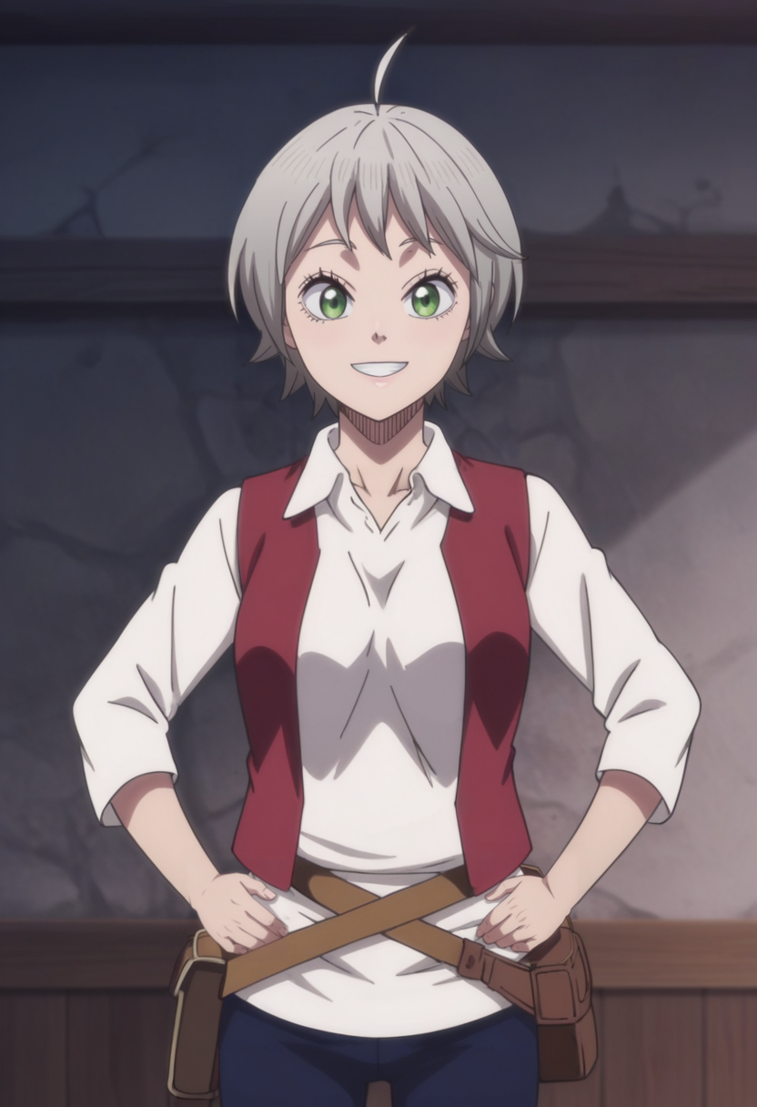 source_anime,anime screencap, anime coloring,intricate details,rating_explicit, masterpiece, best quality,
(best quality, absurd res, ultra detailed),,(4 finger:0.5),1girl, ((solo)), good eyes,perfect eyes,,detailed eyes, zPDXLxxx , zPDXL3,detailed, detailed face
BREAK
solo,indoors,standing,front view,hands on hips,
richita, 1girl, green eyes, short hair, ahoge, grey hair, white shirt, red vest, blue pants, hip pouch,
smile,:D
, <lora:add-detail-xl:2>  <lora:Richita:0.8>