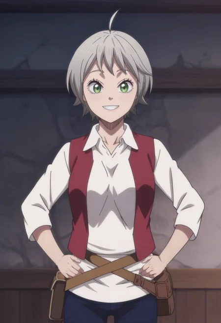 source_anime,anime screencap, anime coloring,intricate details,rating_explicit, masterpiece, best quality,
(best quality, absurd res, ultra detailed),,(4 finger:0.5),1girl, ((solo)), good eyes,perfect eyes,,detailed eyes, zPDXLxxx , zPDXL3,detailed, detailed face
BREAK
solo,indoors,standing,front view,hands on hips,
richita, 1girl, green eyes, short hair, ahoge, grey hair, white shirt, red vest, blue pants, hip pouch,
smile,:D
, <lora:add-detail-xl:2>  <lora:Richita:0.8>