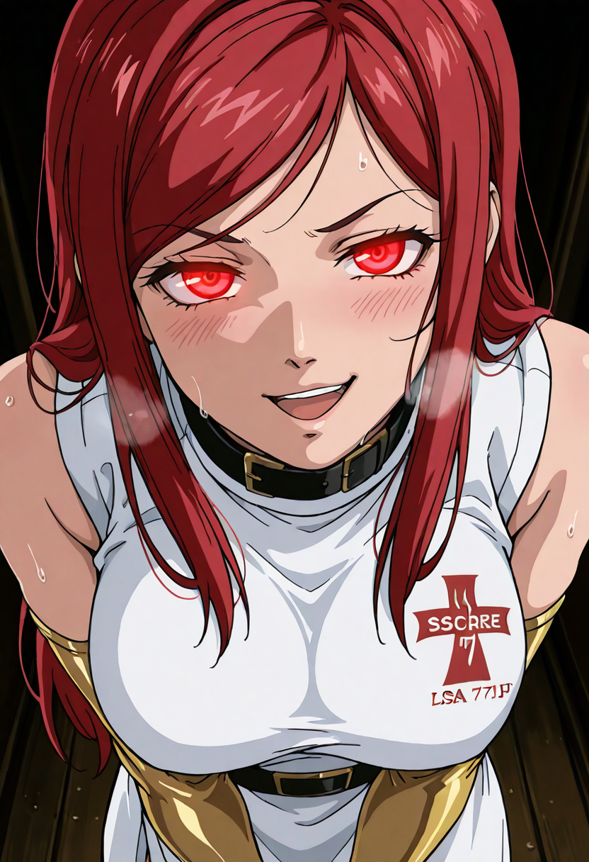 score_9,score_8_up,score_7_up,1girl,solo,close up,close up,<lora:Lisa_Isaribi_Fire_Force:0.7>,lisa isaribi,lisa isaribi \(fire force\),red hair,long hair,red eyes,belt,large breasts,white long tunic,cross logo on clothes,short loin cloth,sleeveless,fingerless elbow gloves,golden arm warmers,collar,skin tight,<lora:bb_v2:0.7>,retro_artstyle,blush,sweat,naughty,seductive look,eyes half closed,heavy_breathing,dark_persona,fish eye,glowing eyes,high angle,open mouth,smirk,dramatic lighting,
