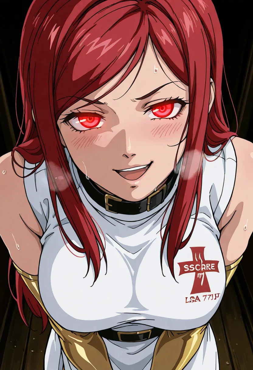 score_9,score_8_up,score_7_up,1girl,solo,close up,close up,<lora:Lisa_Isaribi_Fire_Force:0.7>,lisa isaribi,lisa isaribi \(fire force\),red hair,long hair,red eyes,belt,large breasts,white long tunic,cross logo on clothes,short loin cloth,sleeveless,fingerless elbow gloves,golden arm warmers,collar,skin tight,<lora:bb_v2:0.7>,retro_artstyle,blush,sweat,naughty,seductive look,eyes half closed,heavy_breathing,dark_persona,fish eye,glowing eyes,high angle,open mouth,smirk,dramatic lighting,