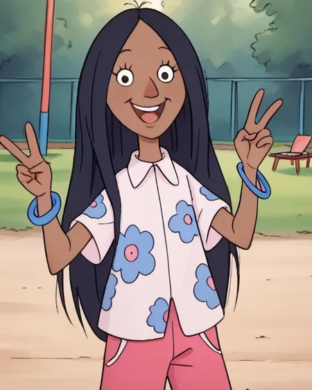 score_9, score_8_up, score_7_up, 1girl, solo, gghh1, dark skin, black hair, happy, long hair, skirt, pink pants, bracelet, standing, looking at viewer, v, school playground, official style, <lora:gghh1:1.1>, Volumetric Lighting,