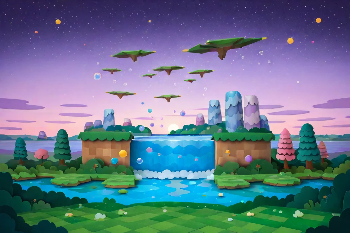 (((stkrstar:1))), highres, high quality, landscape, grass, pink trees, dreamy, bubbles, stars, light purple theme, light purple sky, floating islands, waterfall, lake