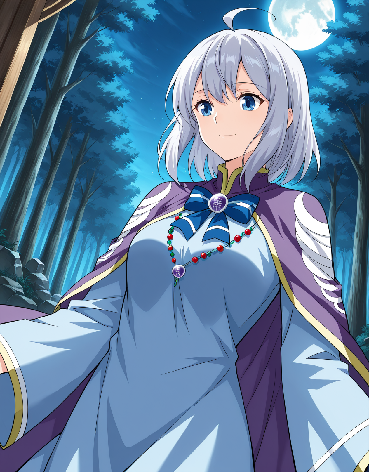 <lora:Dan_Chen__Battle_Through_the_Heavens__Illustrious:1>
1girl, solo, silver hair, short hair, ahoge, anime style, bangs, soft expression, blue eyes,
long robe, traditional clothes, fantasy outfit, purple cloak, wide sleeves, long sleeves, sleeves past fingers, blue inner dress, gradient design, moon pattern, decorative embroidery, formal uniform, layered clothing, blue bowtie, ribbon brooch, gemstone brooch, bead necklace, moon-themed outfit, detailed trim,
score_9, score_8_up, score_7_up, very aesthetic, source_anime, detailed, high quality, beautiful, masterpiece, detailed eyes, forest, tree, ruins, cowboy shot, dynamic angle, upper body, light smile, dynamic pose
