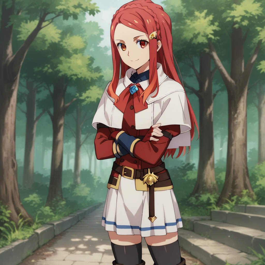 score_9, score_8_up, score_7_up,  source_anime, <lora:Karnatia - Kumo Desu ga Nani Ka-000006:0.8>, KatiaSeriAna, red eyes, red hair, long hair, braid, crown braid, sidelocks, hair ornament, hairclip
fingerless gloves, red gloves, long sleeves, school uniform, shirt, white capelet, belt, white skirt, miniskirt, pleated skirt, zettai ryouiki, black thighhighs, knee boots, brown footwear, 1girl, solo, forest, outdoors, tree, crossed arms, nature, looking at viewer, day, standing, cowboy shot, smile