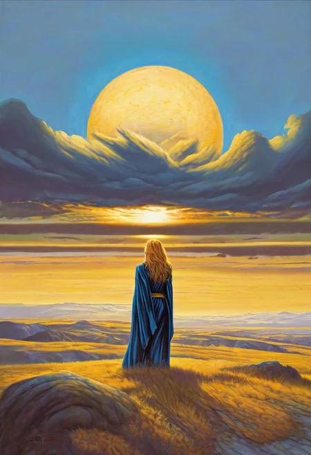 1woman, blonde hair, the grim reaper, facing away, rocky hill, standing, black robe blowing in the wind, clouds, sky, sunset, stars, cosmic, in meditation, ultra detailed landscape, bright yellow energy surrounding surrounding her, volumetric lighting, ultra detailed clothes, ultra detailed body, ultra detailed hair, an ancient city made of blue crystals is in the distance, serenity, holding a sword, glowing,
by Natalia Rak and Barclay Shaw in the style of Jessica Rossier, <lora:EnvyAnimeWatercolorXL02:0.60> , Elmore_Style_LX <lora:Elmore_Style_LX-000011:0.60>