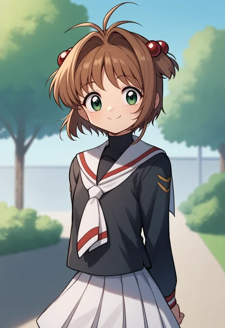 score_9, score_8_up, score_7_up, score_6_up, score_5_up, score_4_up, BREAK, source_anime,
1girl, kinomoto sakura, antenna hair, brown hair, short hair, hair bobbles, green eyes, black shirt, long sleeves, neckerchief, sailor collar, school uniform, serafuku, white skirt, tomoeda elementary school uniform,
hands behind back, smile, upper body, looking at viewer, solo, outdoors, blue sky, park background <lora:SakuraCardCaptorXL:1>