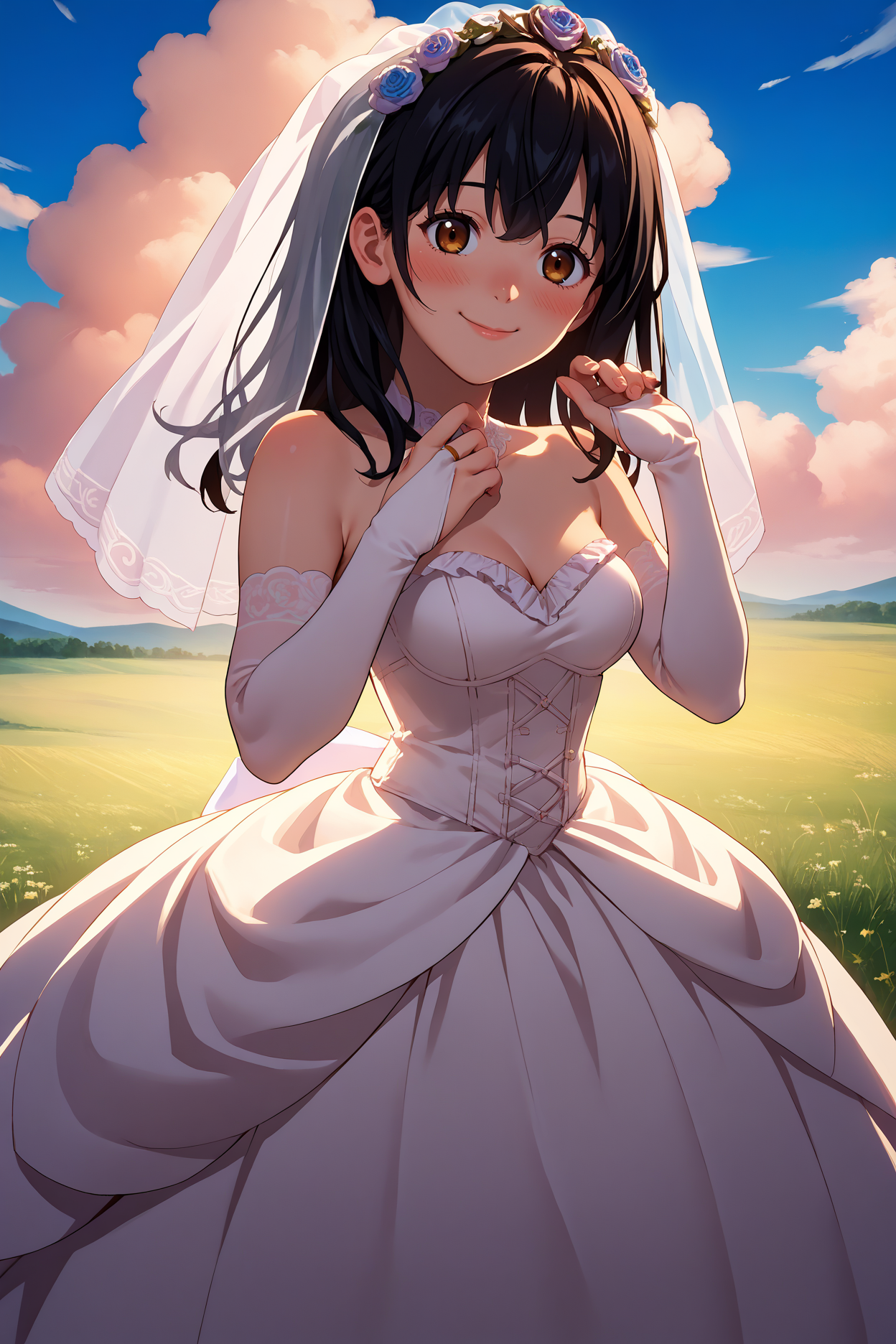 score_9, score_8_up, score_7_up, score_6_up, source_anime, 1girl, solo, <lora:himeragiyukina-pdxl-nvwls-v1-000005:1> himeragistb, black hair, long hair, brown eyes, breasts, bridal veil, wedding dress, frills, hand up, looking at you, happy, blush, blue sky, clouds, field, bridal gauntlets