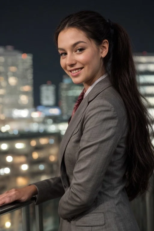 30yo American woman wearing bussiness suit holding a cigarrete
Dark black smooth long hair ponytail. smiling.
Looking at camera.
Dynamic varying pose.
Outside bussiness. Night time,
Night time, dark.