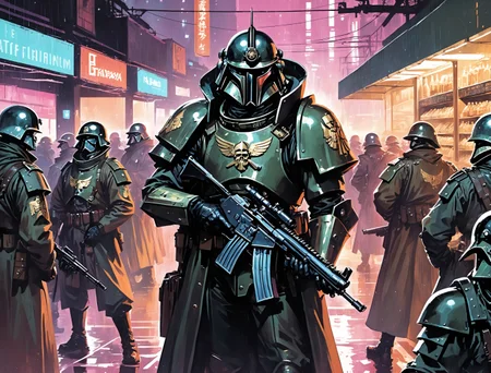 (Niki Taylor), nighttime, cyberpunk city, dark, raining, neon lights , (<lora:Neon Night:0.5> Neon Night,<lora:DiscoDeliriumXL-v1.2:0.5> disco elysium ), cyberpunk, synthwave, 1980s, futurism, brutalism, neuromancer, cinematic photo in a grocery store, leading a horde army, thousands of warriors, futuristic attire, future soldier, in wh40k, Warhammer 40,000, death korps of krieg, dkok, astra militarum, space marines, epic battle, only war, wearing huge pauldrons, WWI, trenches, dirt, battle,art by Masamune Shirow, art by J.C. Leyendecker,((pinkfong baby shark))