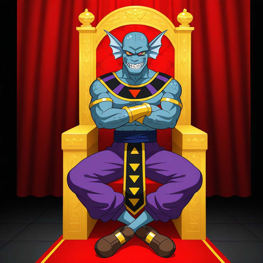 2d, 1boy, solo, Giin, male, muscular, blue skin, scalie, scales, fin-shaped ears, sharp teeth, red eyes, Golden armlets, golden bracelets, purple baggy pants, blue sash belt, brown shoes, Egyptian clothing, 
,good_boy_style,
BREAK smile, sitting, on throne, royal palace, arms crossed, looking at viewer, legs crossed
BREAK best quality, amazing quality, very aesthetic, absurdres, newest, masterpiece