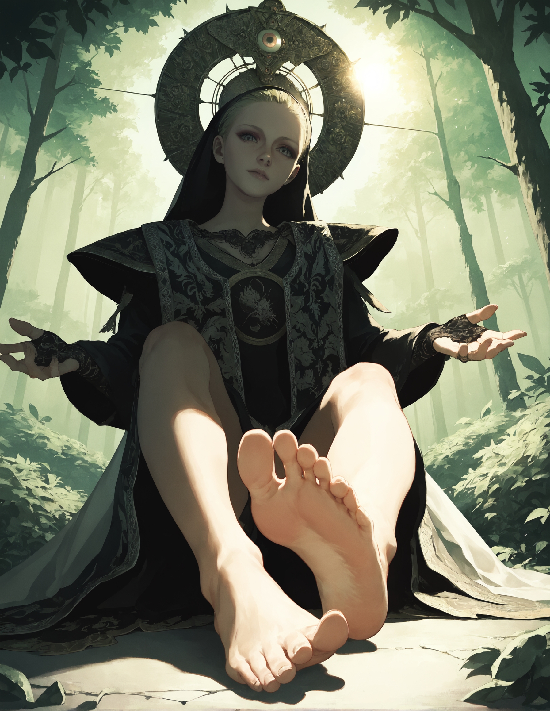 score_9, score_8_up, score_7_up,score_6_up,high resolution,source_anime,mrnd,1girl,forest,blonde hair,long hair,black veil,black robe,mechanical halo,volumetric lighting,rim lighting,sunny,sun,day,dof,solo,close-up,from side,looking at viewer,barefoot,sitting,from below,soles,feet focus