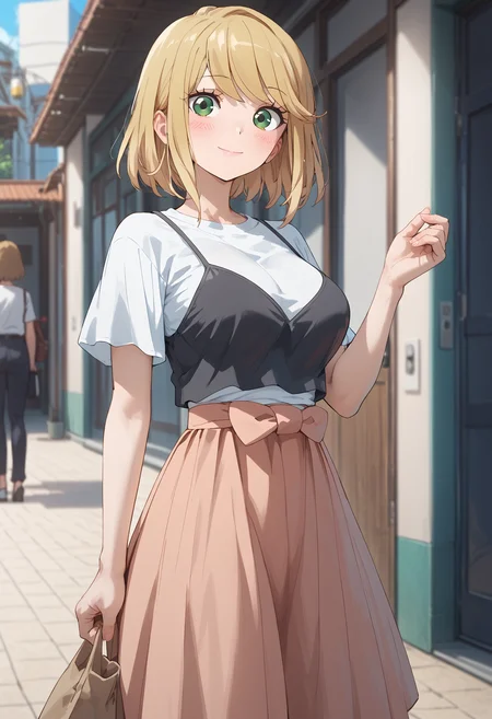 score_9, score_8_up, score_7_up, score_6_up, score_ANIME,desumi, 1girl, solo, green eyes, blonde hair, skirt, smile, bob cut, camisole, , blush, , closed mouth, white shirt, swept bangs, standing, cowboy shot, looking at viewer, <lora:magahara_desumi_pony2:1> large breasts,