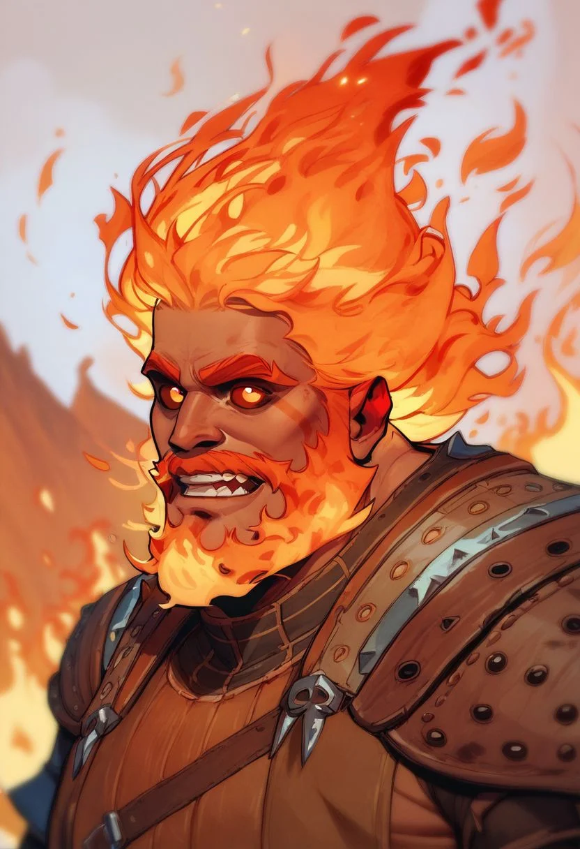 score_9, score_8_up, score_8, score_7_up, score_7, score_6_up, score_6, score_5_up, Score_5, broad handsome dwarf, (fire hair, hair made out of fire, beard mad out of fire, fire beard:1.3), fire hair, colored sclera, dark skin, (long beard, full beard, big bushy beard, :1.6), (bronze skin:1.3), welding goggles covering eyes, (no eyes), black armor, intense expression, scowl, vox machine style, 1boy, male focus, solo, portrait, fantasy, volcano background, lava, red and orange lighting, heavy shadows, (dynamic lighting:1.4)
((masterpiece))