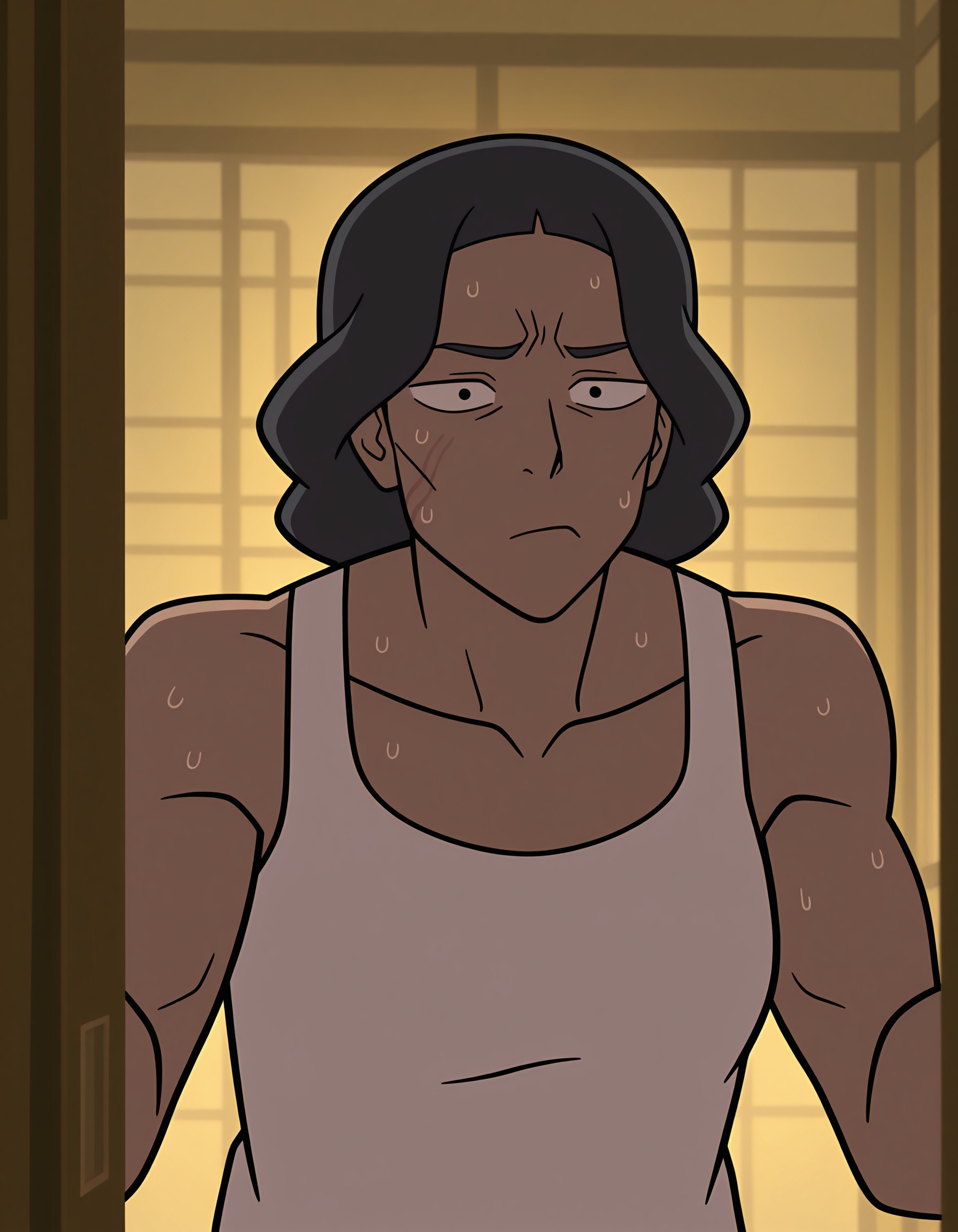 masterpiece, best quality, amazing quality, very aesthetic, absurdres, newest, anime, digital art, Lin Beifong, woman, short black hair, white tank top, muscular, distressed, sweat, serious expression, indoors, wooden door, sliding door, beige walls, shelves, towels, close-up, upper body, leaning forward, hand on door, medium skin tone, determined look, sweat drop, anime style, detailed shading, realistic textures, emotional, anime character, detailed background, white tank top, bare arms, expressive face, anime style sweat, anime style muscles, anime style hair, anime style clothing, anime style expression, anime style background, anime style lighting, minimalist, <lora:8df7a3b4-e7ed-4646-9d89-c8d45d9fa598:0.8>, <lora:f8c9e0db-9754-4f76-99d9-9c24e3951c1c:0.8>