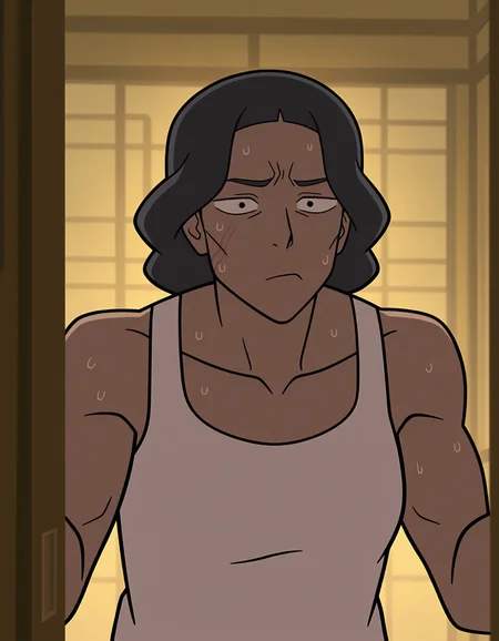 masterpiece, best quality, amazing quality, very aesthetic, absurdres, newest, anime, digital art, Lin Beifong, woman, short black hair, white tank top, muscular, distressed, sweat, serious expression, indoors, wooden door, sliding door, beige walls, shelves, towels, close-up, upper body, leaning forward, hand on door, medium skin tone, determined look, sweat drop, anime style, detailed shading, realistic textures, emotional, anime character, detailed background, white tank top, bare arms, expressive face, anime style sweat, anime style muscles, anime style hair, anime style clothing, anime style expression, anime style background, anime style lighting, minimalist, <lora:8df7a3b4-e7ed-4646-9d89-c8d45d9fa598:0.8>, <lora:f8c9e0db-9754-4f76-99d9-9c24e3951c1c:0.8>