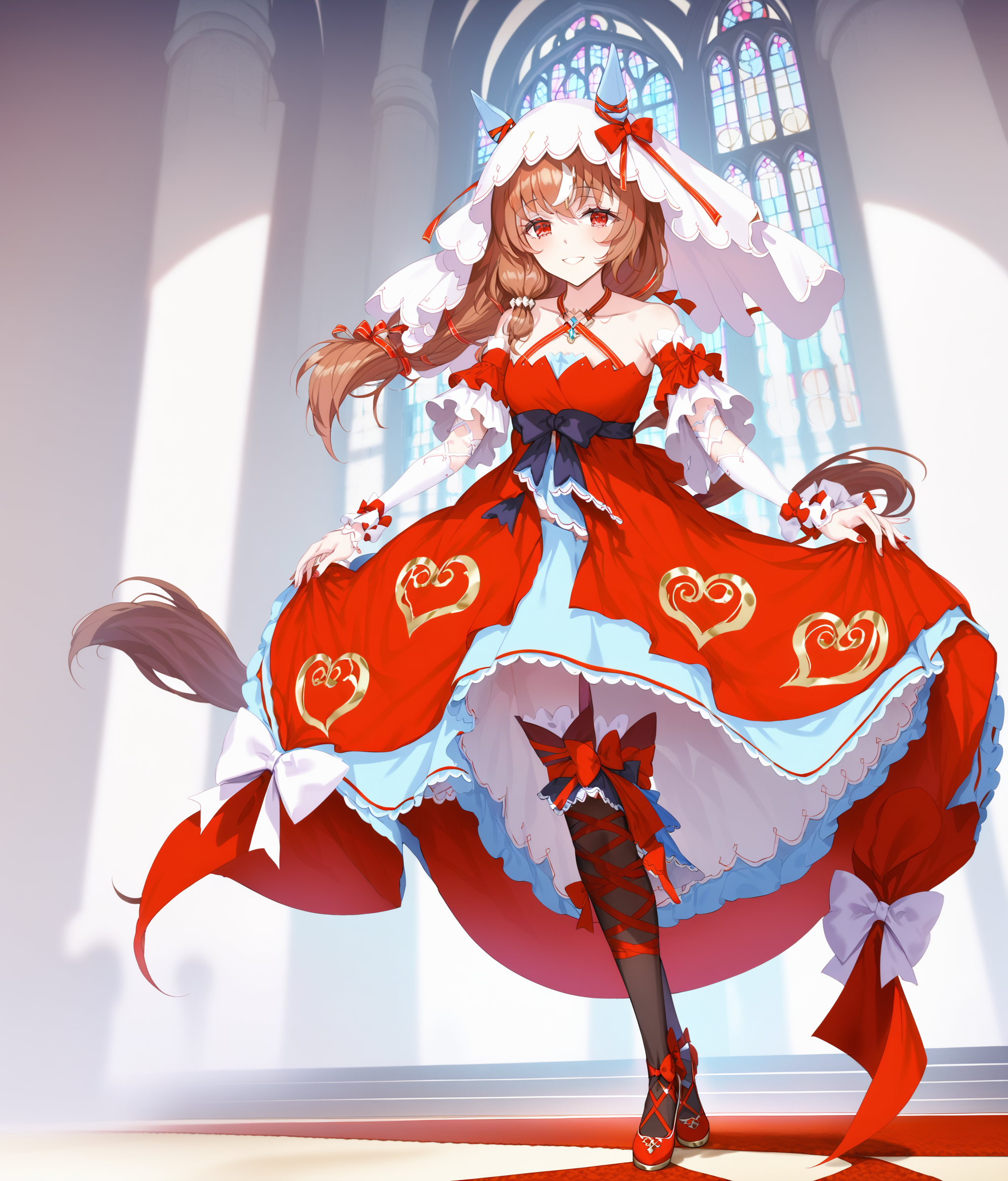 score_9, score_8_up, score_7_up, source_anime, 2D, anime BREAK
masterpiece, highly_detailed, highres, 
church, dark, night, dynamic pose, dress_lift, 
shobofuku, <lora:StillinLove_v1-ponyXL:1>, full body, 
1girl, 17 years old, mature, tall, solo, red eyes, bare shoulders, small breasts, horse ears, horse tail, yandere, yandere trance, 
bangs, eyebrows visible through hair, long brown hair, streaked hair, hair between eyes, hair scrunchie, veil, 
criss-cross halter, red dress, detached sleeves, black thighhighs, ribbon leg wrapping, (red footwear), 
dress bow, ribbon, bow, red bow, jewelry, (red nails), 
smile, blush, standing,