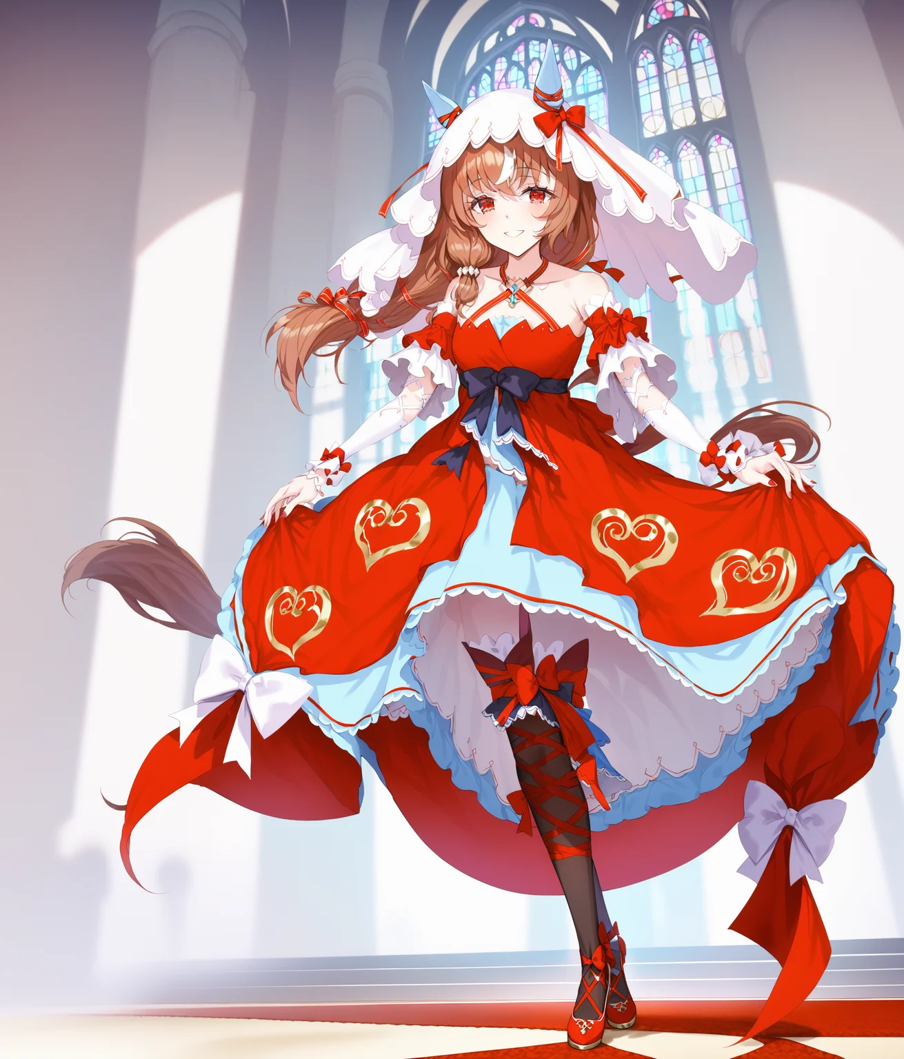 score_9, score_8_up, score_7_up, source_anime, 2D, anime BREAK
masterpiece, highly_detailed, highres,
church, dark, night, dynamic pose, dress_lift,
shobofuku, <lora:StillinLove_v1-ponyXL:1>, full body,
1girl, 17 years old, mature, tall, solo, red eyes, bare shoulders, small breasts, horse ears, horse tail, yandere, yandere trance,
bangs, eyebrows visible through hair, long brown hair, streaked hair, hair between eyes, hair scrunchie, veil,
criss-cross halter, red dress, detached sleeves, black thighhighs, ribbon leg wrapping, (red footwear),
dress bow, ribbon, bow, red bow, jewelry, (red nails),
smile, blush, standing,