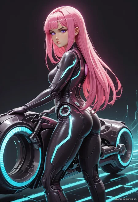 score_9, score_8_up, score_8, masterpiece, best quality, good quality, very aesthetic, absurdres, newest, 8K, depth of field, focused subject, dynamic angle, side view, 1girl,solo, CivChan, android, holofoil glitter, faint, glowing, ethereal, neon hair, glowing hair, long hair, purple eyes, bodysuit, standing looking sweet, stance, coy, looking at viewer, sci-fimasterpiece, best quality, good quality, very aesthetic, absurdres, newest, 8K, depth of field, focused subject, dynamic angle, side view, 1girl,solo, CivChan, android, holofoil glitter, faint, (glowing:1.5), ethereal, neon pink hair, glowing hair, long hair, neon purple eyes, looking at viewer, serious, zzCitronLegacy,
Looking like the character Gem from the movie Tron Legacy, black suit with glowing purple circuits, thick thighs, white boots, black eyeliner, mischievous expression, rides a TRON Motorbike, tron, giant bike, with angular Speed trail, in a Neon landscape, towering (geometric) structures, dark with vibrant electric-cyan highlights, cinematic sci-fi lighting, Shot with wide-angle lens, motion blur, ultra-detailed, photorealistic Tron style, black background elements, giant cyan glowing grid across the entire background,