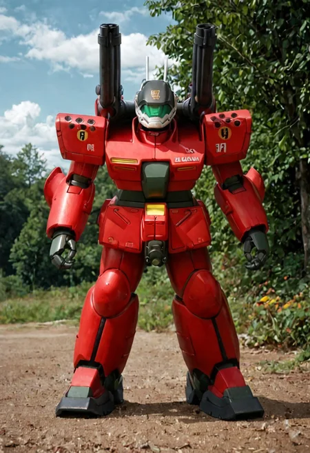 score_9, score_8_up, score_7_up, cowboy shot, front view, BREAK, ( guncannon_mass_production_type, looking down, leaning forward, shoulder cannons deployed, 108 label on leg, ) 1mech, mech focus, solo, BREAK, trees, cloudy sky,