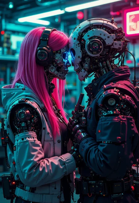A digital artwork in the style of cknc, cyberpunk, futuristic, cyberkinetic enhancements, girl, scifi. A half-body shot of a beautiful cyborg girl in her futuristic workshop. She has neon pink hair cascading down her shoulders, contrasting sharply with her black lipstick. The top of her face, from under the nose to the forehead, is removed like a mask, revealing a detailed mechanical skull underneath. Her exposed robotic eye glows a brilliant blue, illuminating the intricate cybernetic components beneath the skull. The workshop is cluttered with futuristic tools, wires, and neon-lit gadgets, all bathed in vibrant cyberpunk hue, electric pinks, deep blues, and fluorescent greens. The neon light reflects off her sleek metallic parts, casting dynamic shadows, while the scene radiates a blend of gritty industrial and high-tech futurism. She confronts a special agent that's holding a gun on her, he wears cyber glasses and a suit