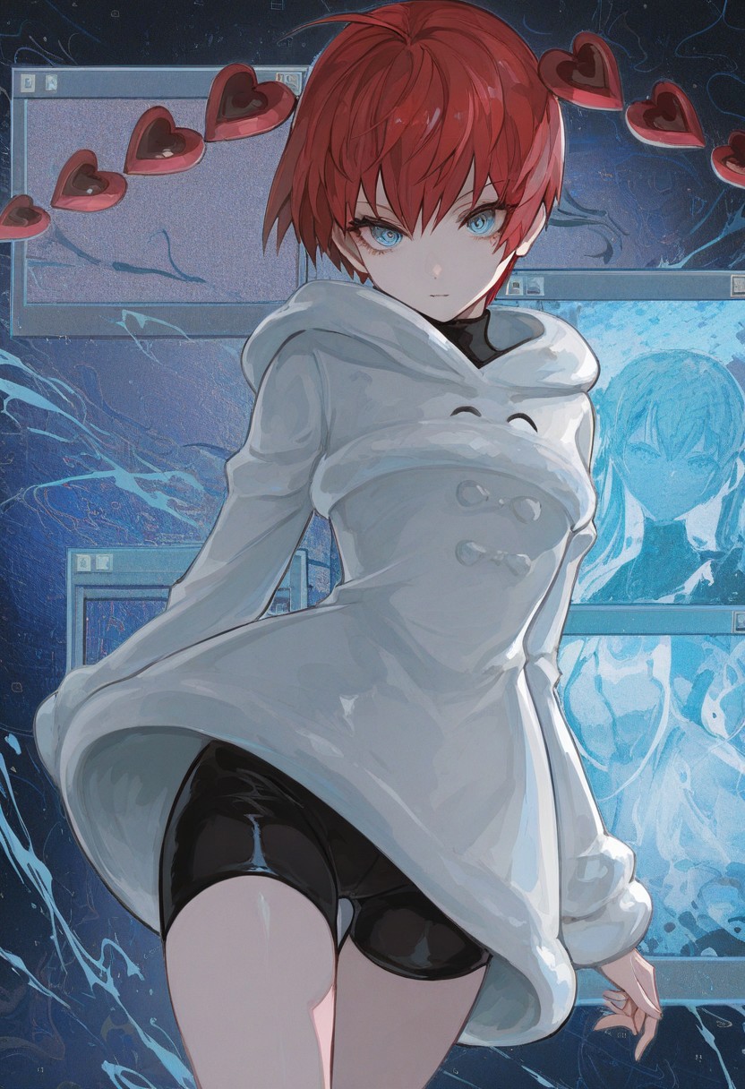 konya karasue, lam \(ramdayo\), masterpiece,best quality,highres,absurdres,newest, very awa, aesthetic, usnr, window \(computing\), abstract, glitch, mhh, dynamic pose,movementglowing,pixelates glitch, glowing screen,s0ph1a, short hair, red hair, detached hair, heart, ahoge, twintails, blue eyes,short dress, white dress, hooded dress, hood down, long sleeves, black shorts, bike shorts,<lora:f6784438-d152-4f5f-acca-c217db0a0f5a:0.7>, <lora:9c107e55-79ea-4dc4-bd06-bdc43dab5b35:0.4>, <lora:49c16599-ba1b-433f-a8ce-78e743e75128:0.7>, <lora:f5aa1b3d-578b-4108-8cca-83a989818734:0.7>, <lora:505bcfef-f48c-4fec-ba27-1c7782273728:0.5>