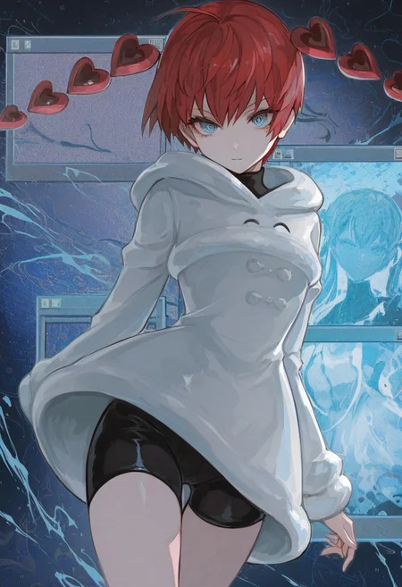 konya karasue, lam \(ramdayo\), masterpiece,best quality,highres,absurdres,newest, very awa, aesthetic, usnr, window \(computing\), abstract, glitch, mhh, dynamic pose,movementglowing,pixelates glitch, glowing screen,s0ph1a, short hair, red hair, detached hair, heart, ahoge, twintails, blue eyes,short dress, white dress, hooded dress, hood down, long sleeves, black shorts, bike shorts,<lora:f6784438-d152-4f5f-acca-c217db0a0f5a:0.7>, <lora:9c107e55-79ea-4dc4-bd06-bdc43dab5b35:0.4>, <lora:49c16599-ba1b-433f-a8ce-78e743e75128:0.7>, <lora:f5aa1b3d-578b-4108-8cca-83a989818734:0.7>, <lora:505bcfef-f48c-4fec-ba27-1c7782273728:0.5>