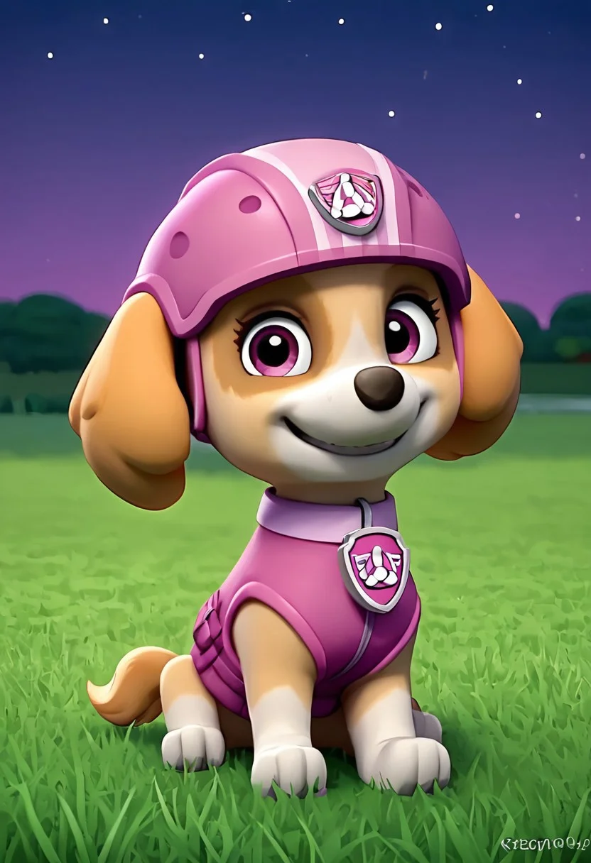 BREAK Score_9_up, Score_8_up, Score_7_up, source_anime, (sideways), skyepp, dog, feral, pink vest, pink collar, pink goggle helmet, sitting, view away from viewer, smile, night, grass,