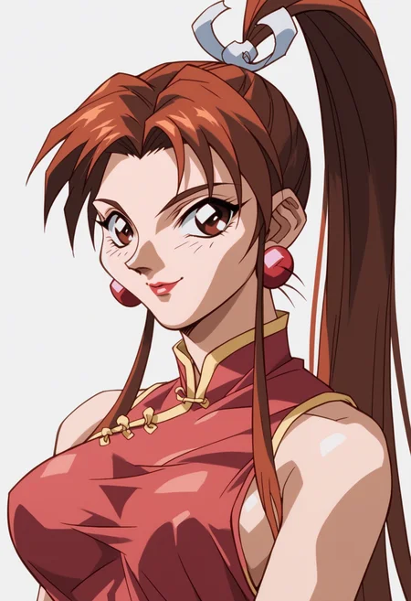 score_9, score_8_up, score_7_up, score_6_up, score_5_up, score_4_up, BREAK,
1990s \(style\),
maishiranui, 1girl, brown hair, long hair, ponytail, lipstick, makeup, earrings,
china dress, chinese clothes, large breasts,
upper body, smile, looking at viewer, solo, simple background, white background <lora:MaiShrianuiXL:1>