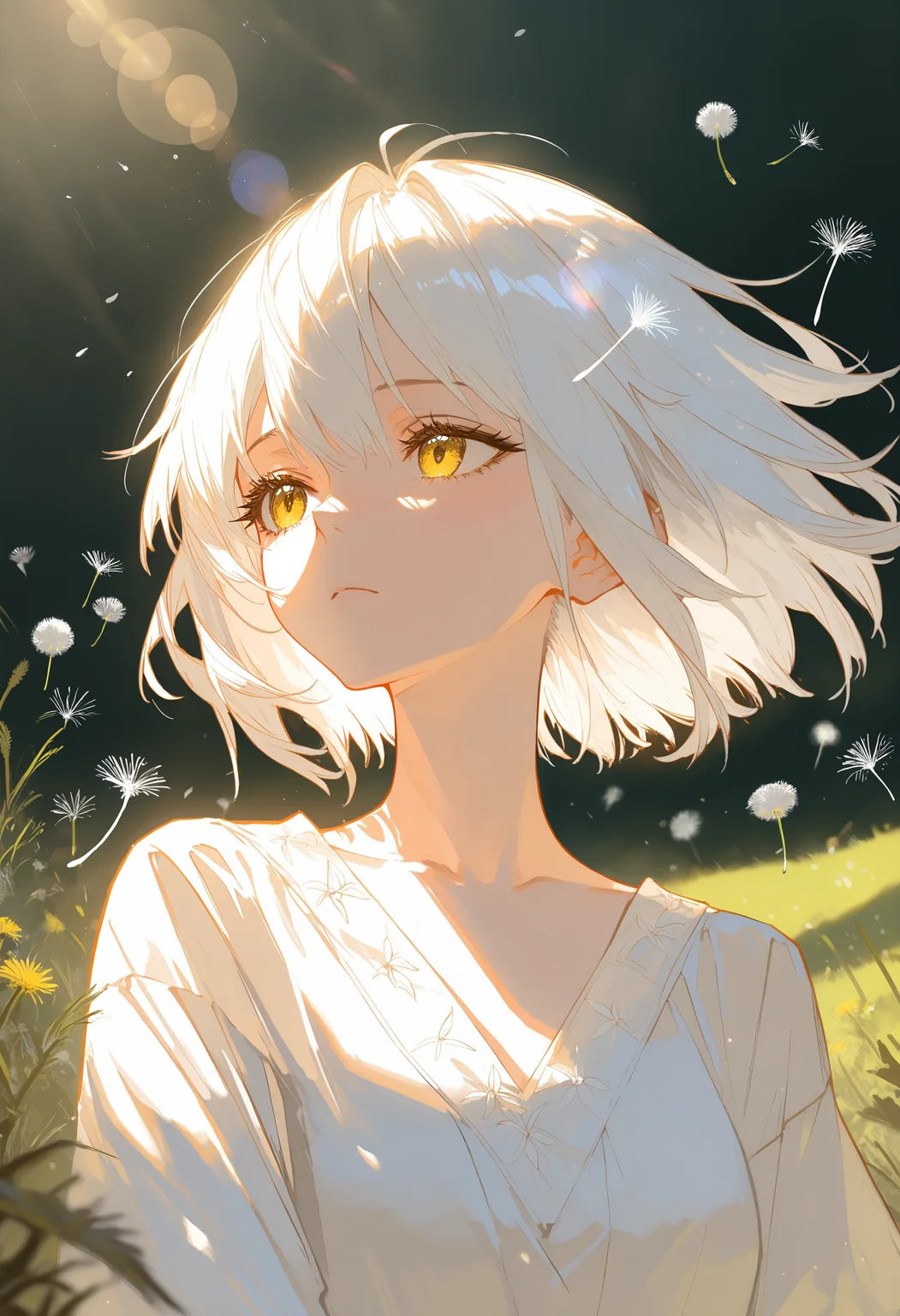 masterpiece, best quality, good quality, very aesthetic, absurdres, newest, Wide Shot, Atmospheric Perspective,Extreme Close-Up, A melancholic young girl,by rella, very sad, she has long and smooth eyelashes,The droplets of water glisten like tiny diamonds on her hair and clothes, lost in thought. Dandelion seeds blowing in the wind, dandelion seed, day, plant, seed, sunlight, Lens Flare,Depth Of Field, <lora:ponyv4_noob1_2_adamW-000017:0.7> <lora:748cmSDXL:0.8>