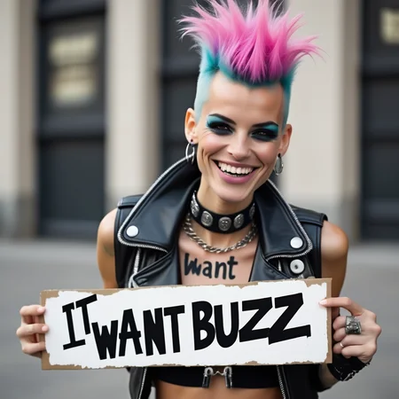 buzz, beautiful supermodel punk smiling with a sign with text "i want buzz" <lora:buzz-text:.85>