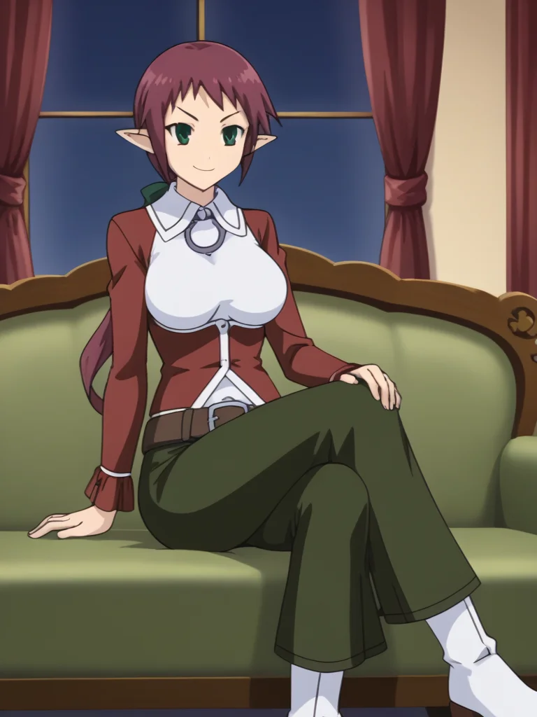 1girl, solo, sardiakamoshirenai, purple hair, ponytail, green eyes, pointy ears, large breasts, white shirt, collared shirt, hair bow, pendant, red jacket, partially open jacket, long sleeves, belt, green skirt, long skirt, back bow, white boots sitting, couch, crossing legs, indoors, mansion, full body, smug, smile, serious,