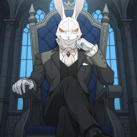masterpiece, best quality, amazing quality, whit3r4bbit, male, humanoid, solo, rabbit mask, rabbit ears, orange sclera, slit pupils, buck teeth, stitches, monocle, black suit jacket, black vest, buttons, blue and red necklace, white cravat, white gloves, black pants, black shoes, sitting on throne, leaning on hand, crossed legs, smirk, indoors, castle,