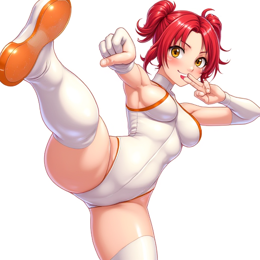 The image shows a dynamic and stylized illustration of a female character, nena_trinity, in an exaggerated pose. She has red hair, styled in a loose ponytail, and is wearing a form-fitting, white outfit with orange accents. The outfit is highly reflective, creating shiny highlights that emphasize her curves. The character is performing an acrobatic pose, lifting one leg high up in the air while making a peace sign with her fingers. She has a confident expression on her face, with wide, bright yellow eyes and a playful smile. The image has a strong emphasis on bold lines, vibrant colors, and exaggerated proportions, which are characteristic of certain anime and manga styles. The perspective is also exaggerated, with a focus on the character's leg and body, giving the image a dramatic and eye-catching effect.
