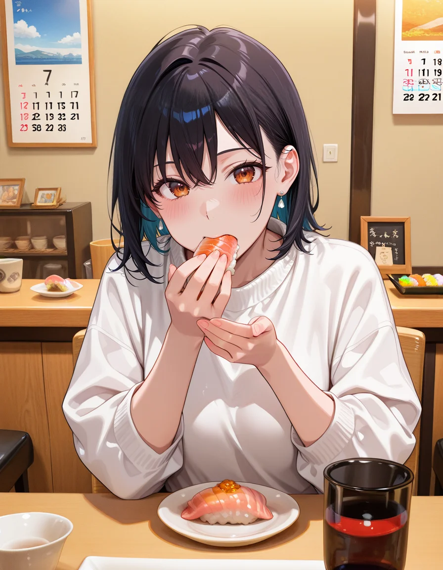 score_9, score_8_up, score_7_up, anime, solo, 1girl, one girl, 
general,
BREAK <lora:nigirizushi:0.8>, nigirizushi, food, eating nigirizushi, eat with hand, 
indoors, chair, window, japanese restaurant, counter, showcase, omakase, sushi plate, calendar (object), cup, soy sauce, saucer,
 (masterpiece:1.3), best quality, high resolution, unity 8k wallpaper, (illustration:1.2), 8K,