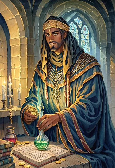 score_9, score_8_up, score_7_up, oblivionarts, solo, 1boy, alchemist, ((african male)), beard, robes, turban, vial, potion, book, coin purse, gold coins, dark room, candle lit, apothecary background, traditional art, medieval, <lora:Oblivion:.6>